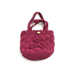 Vintage Crochet Raffia Tote Bag Cottagecore Berry Magenta Pink 3D Floral Purse